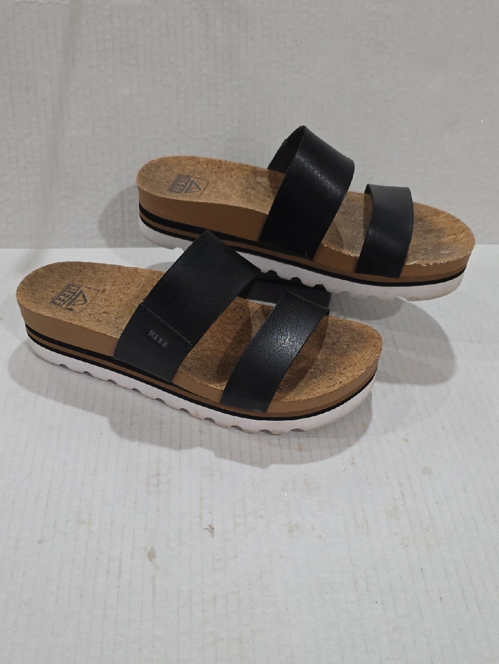 Reef Womens Black Dual-Strap Cork Slide Sandals with White Sole Size 8